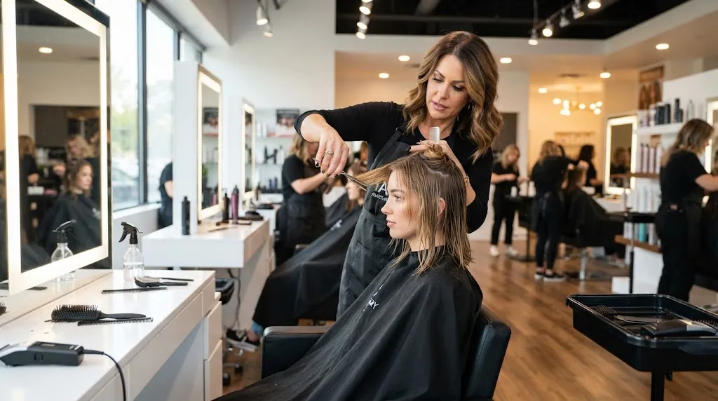 Professional hair stylist demonstrating cutting techniques on a model in a modern local salon and academy