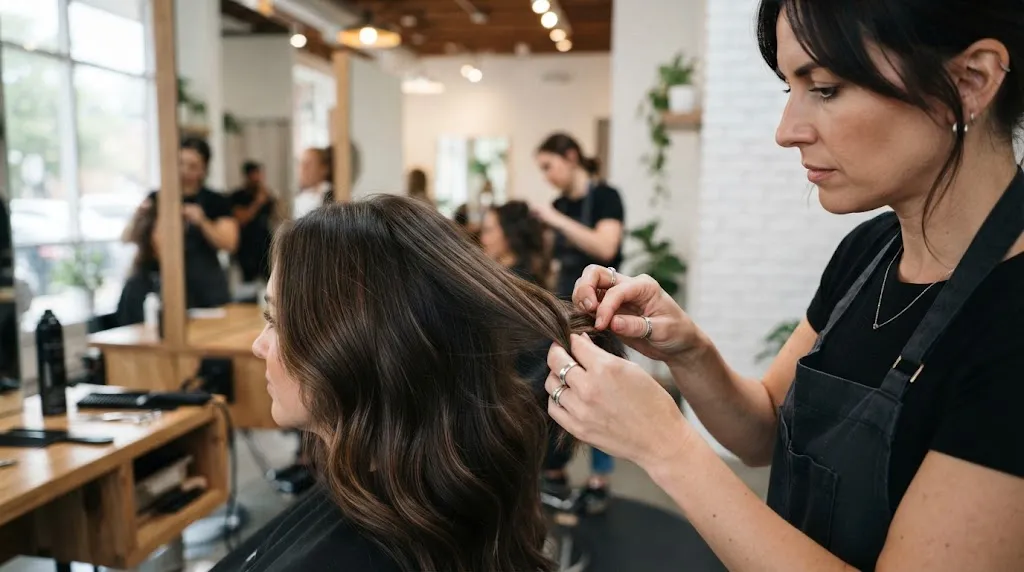 Hairstylist analyzing client hair type and texture density in a modern salon before cutting