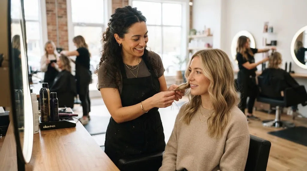 A professional hairstylist consulting with a client in a modern salon to adapt a haircut to their natural hair texture and density