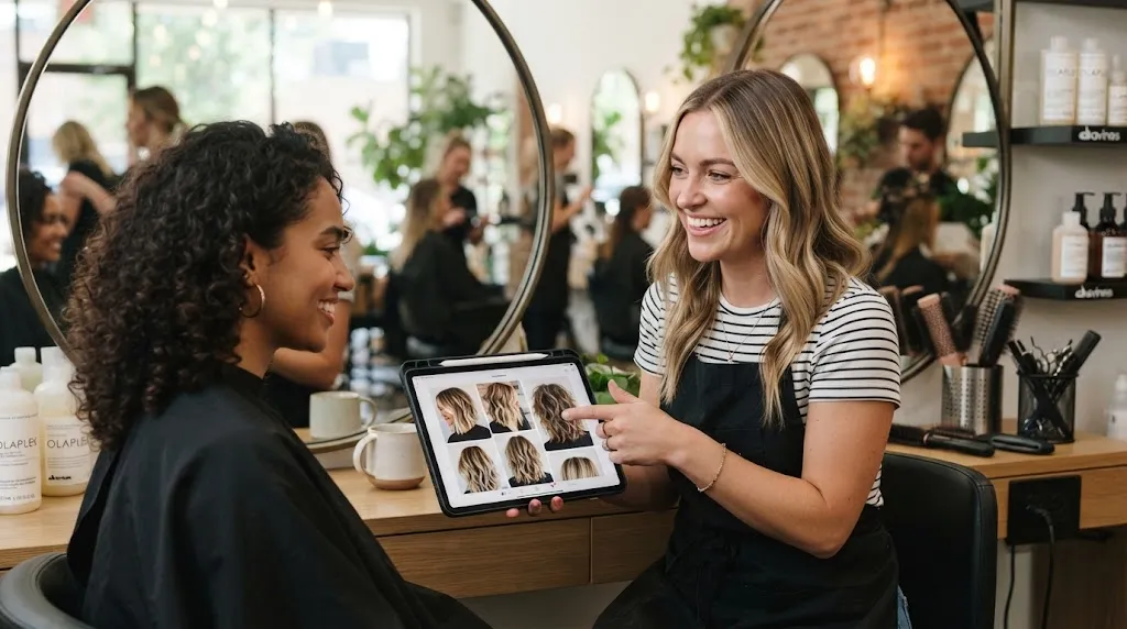 Professional hairstylist having a consultation with a client in a modern salon to discuss a haircut without losing length