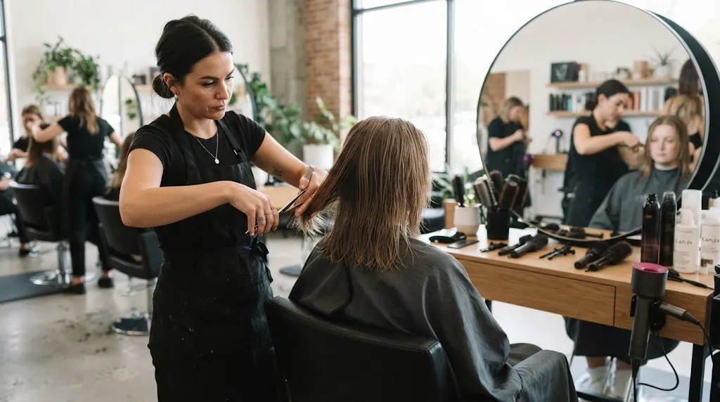 A professional hairstylist meticulously shaping and styling the back of a client's hair in a bright, modern salon setting.