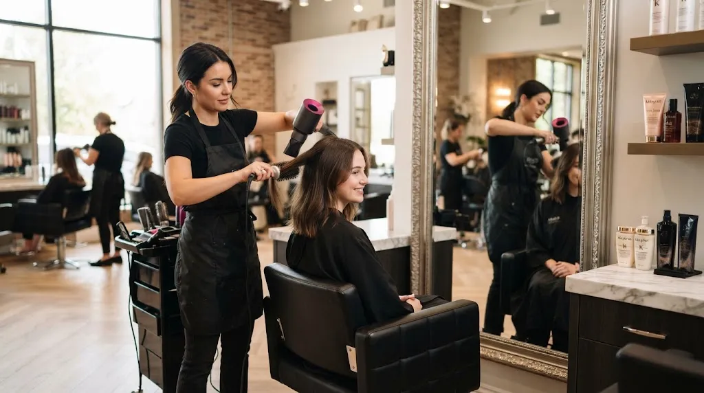 Professional hairstylist styling a client's hair in a modern luxury salon for high-definition hairstyle inspiration