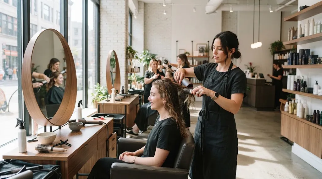 Professional hairstylist giving a client a modern haircut and styling session in a bright salon