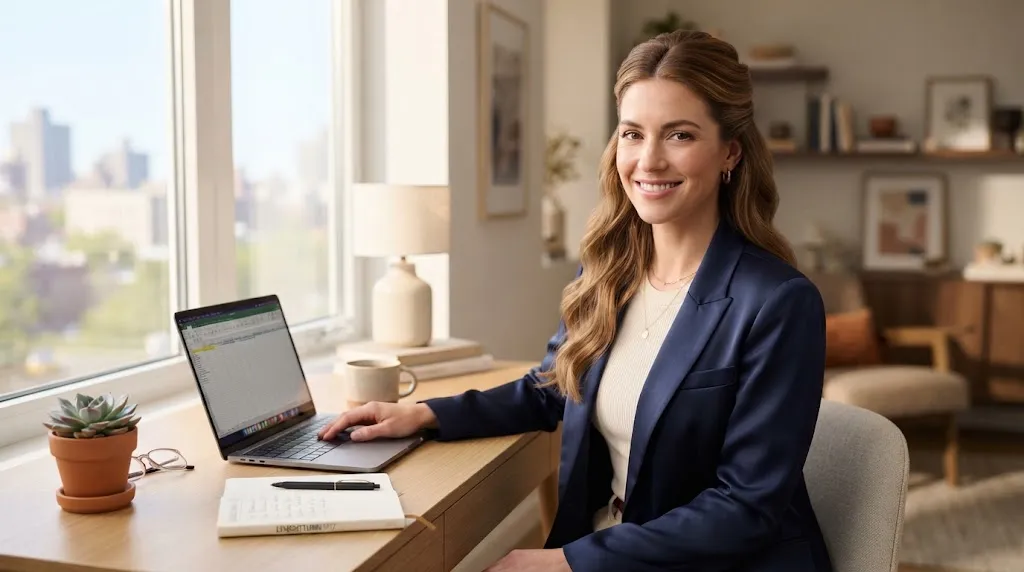 A professional woman sitting at a clean desk showcasing a polished half-up structured tuck hairstyle for medium and long hair.