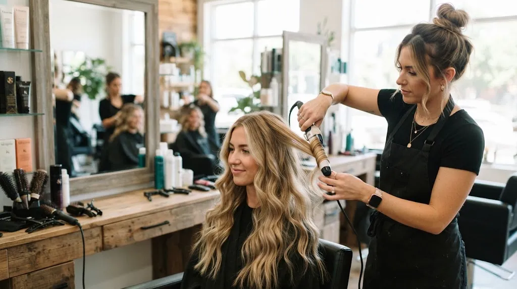 A professional hairstylist demonstrating the correct heat styling technique using a large barrel curling wand to create soft, loose curls on long hair.