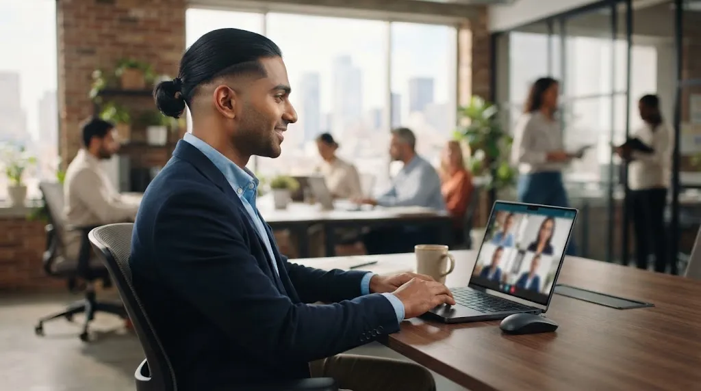A professional Indian man with a neat nape tail hairstyle and skin fade, wearing a blazer and shirt while working on a laptop in a modern office setting.