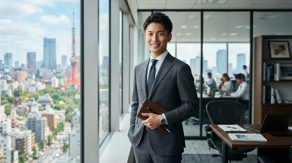 A Japanese man with a clean, modern, and professional textured hairstyle working in a corporate office setting