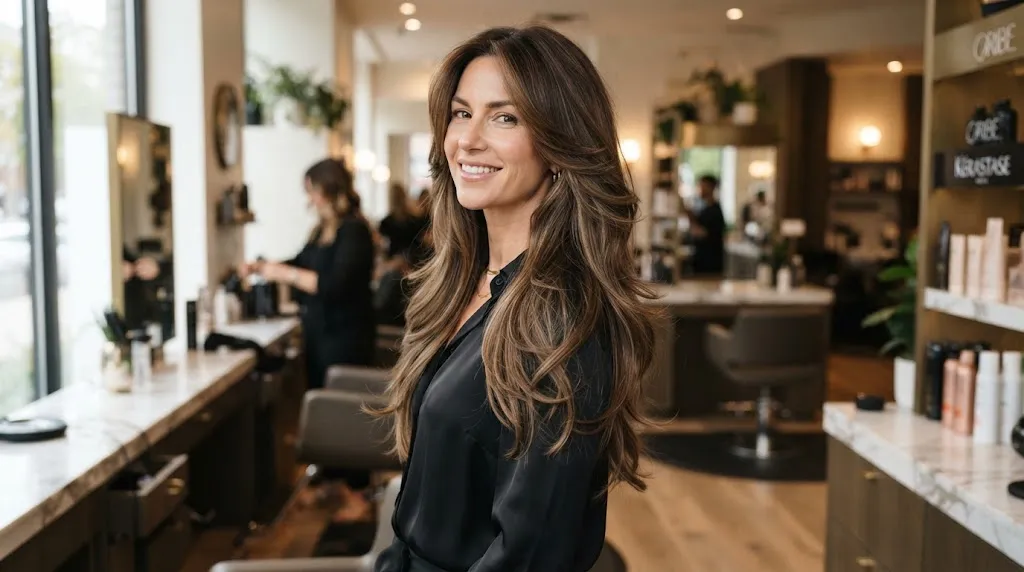 A stylish woman with long hair showing distinct layered steps and cascading tiers in a professional salon setting