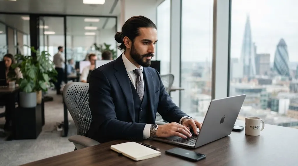 A professional man with a neat low hair knot and a trimmed beard working in a modern office setting