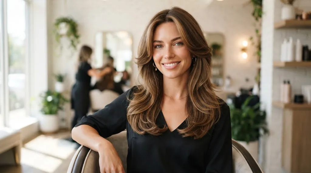 A confident woman with long layered hair styled to elongate the face and soften a fuller jawline in a salon