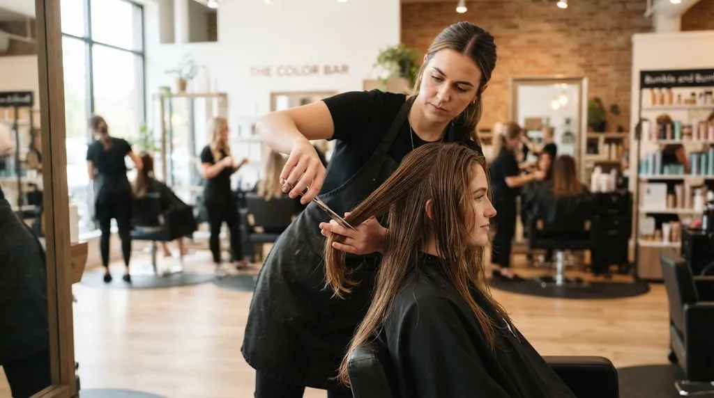 A professional hairstylist cutting and styling long layers with face-framing texture in a modern salon.