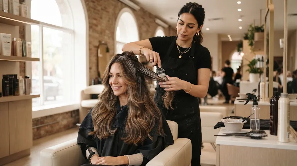 Stylist applying targeted hydration treatment and maintenance care to long layered hair in a modern salon