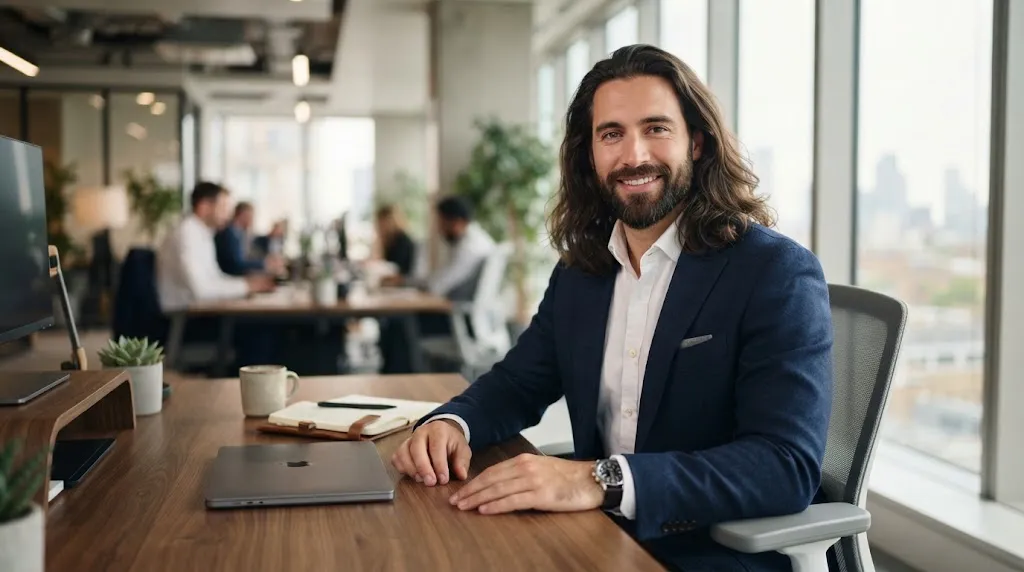 A professional man with long hair and a well-groomed beard working in a modern corporate office, demonstrating workplace acceptability.
