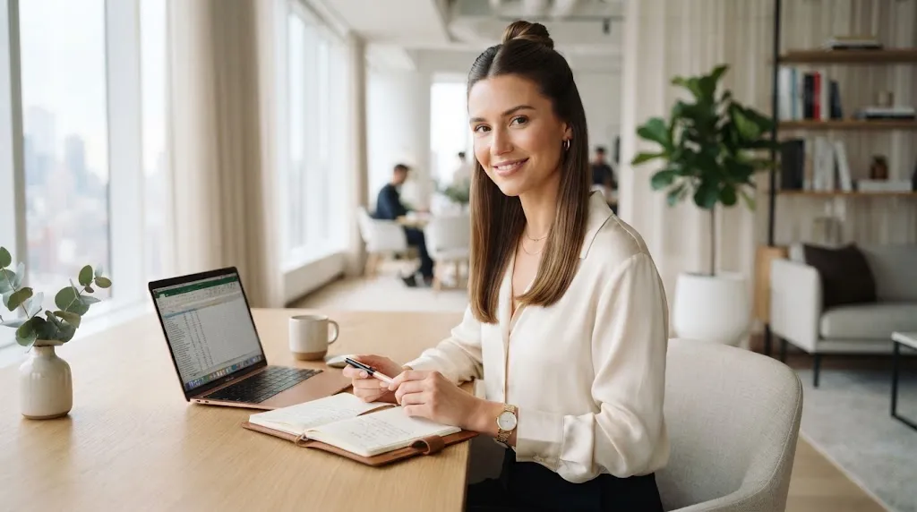 A professional woman with polished collarbone-length medium hair styled in a neat half-up top knot in a modern office