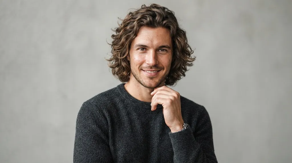 Male hair model displaying medium-length hairstyle for men with natural texture