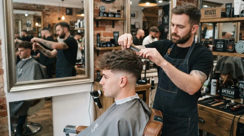 A man in a barbershop receiving a normal slope haircut where the longer textured top and shorter sides are properly balanced and blended.