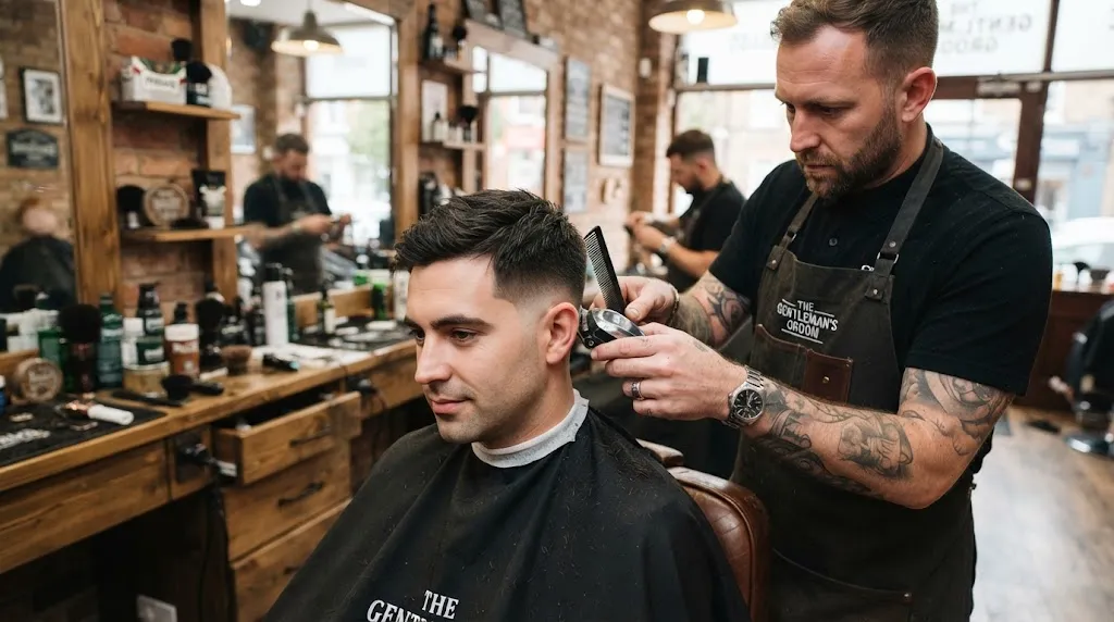 A close-up view of a professional barber styling a clean and natural normal slope haircut with graduated sides for a modern look.