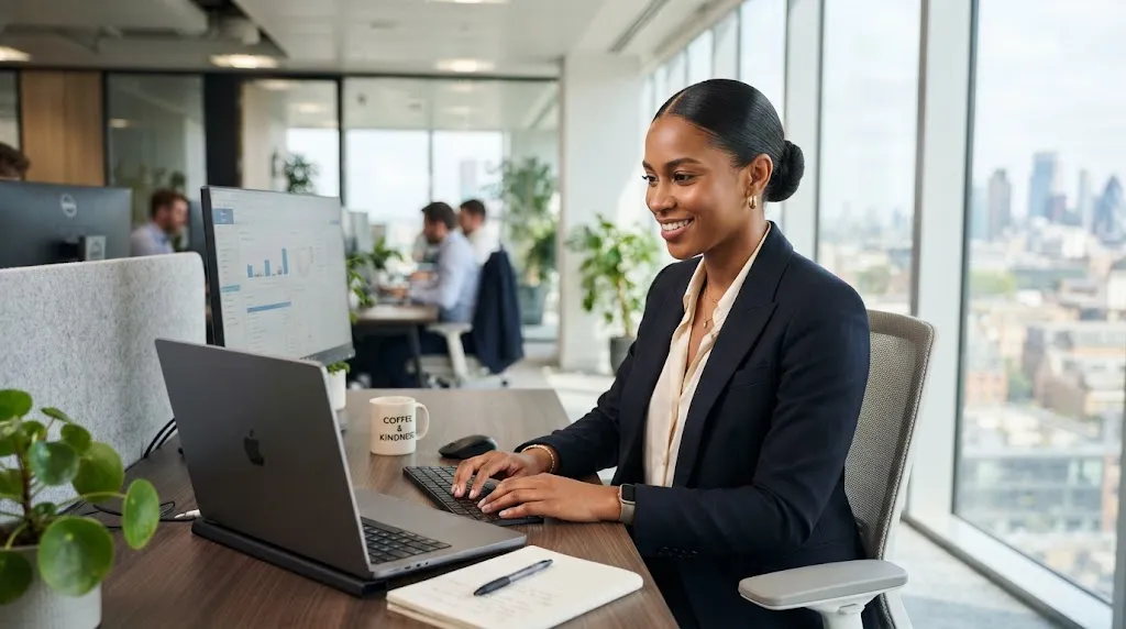A professional woman with a sleek low bun office hairstyle working in a bright corporate environment