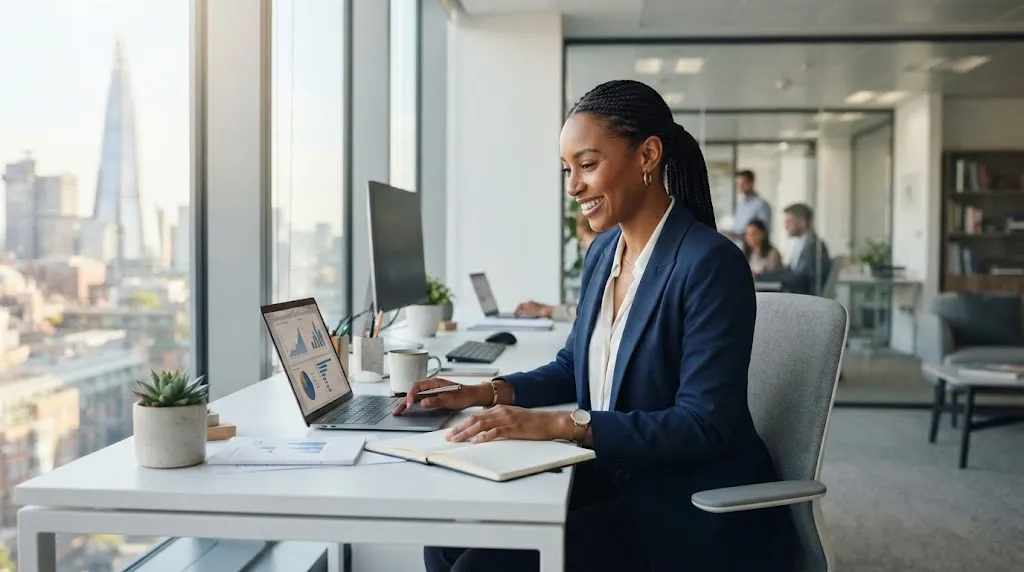 A professional Black woman with a sleek low tucked braided ponytail sitting at a clean minimalist office desk in natural morning light.