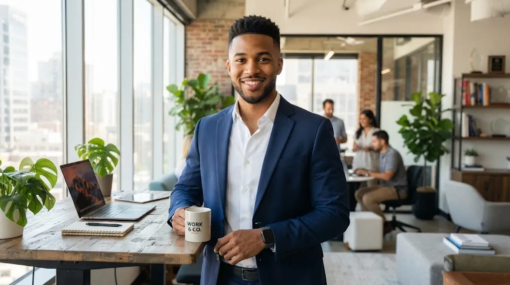 A sharp, professional man with a modern textured low-fade crop hairstyle sitting confidently in a bright office workspace.