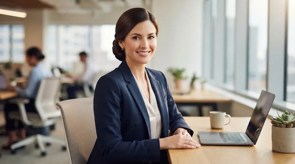 A professional businesswoman with glossy, dark brown hair styled in a sleek, low twisted chignon, smiling confidently at a desk in a modern, sunlit office.
