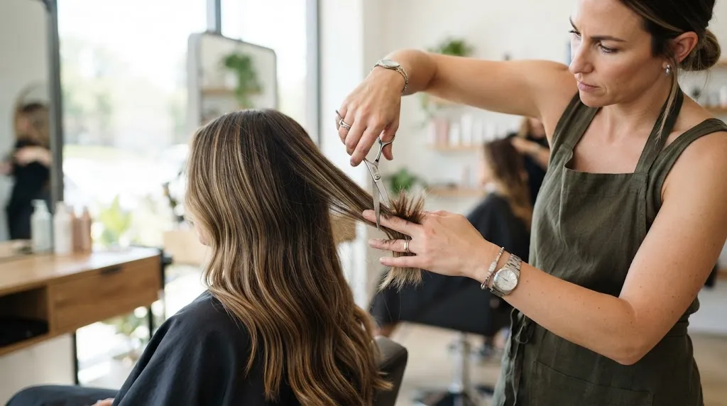 Professional hairstylist performing point-cutting and texturizing techniques on long hair to soften transition lines and remove bulk.