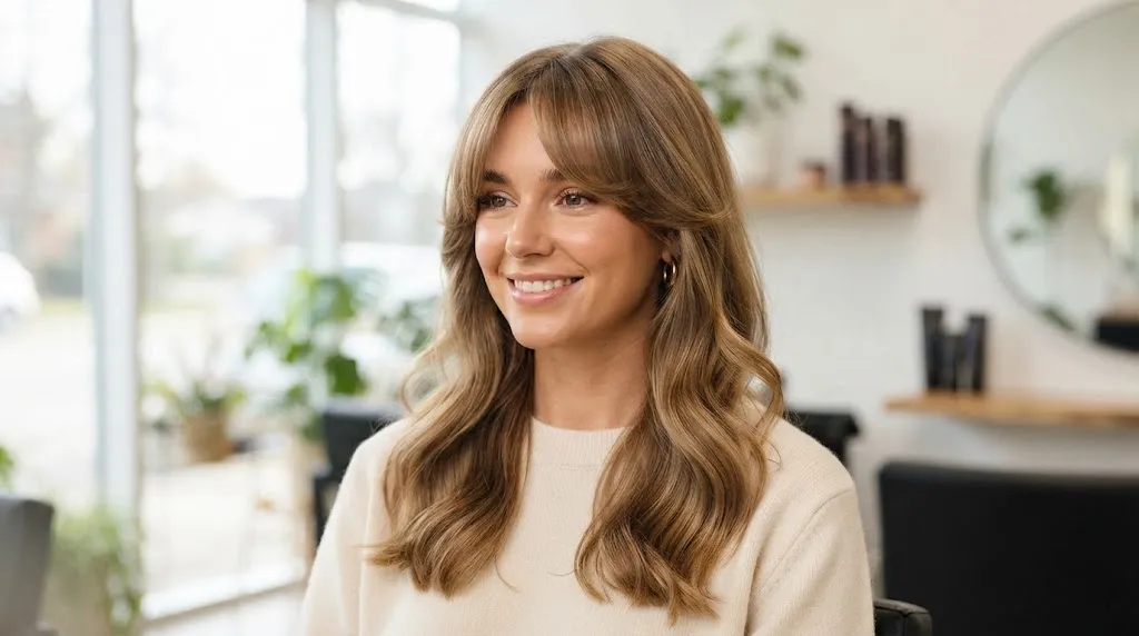A woman with light brown, wavy hair and stylish curtain bangs smiling in a salon setting.