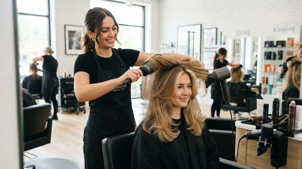 Hairstylist using a round brush and blow dryer to style long layered hair in a modern salon