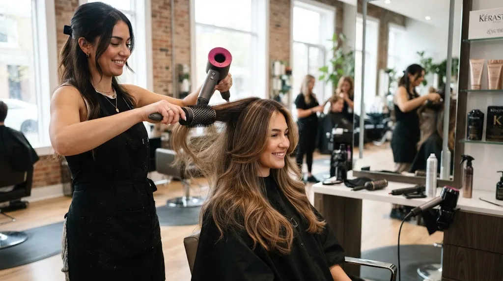 Professional hairstylist using a round brush and blow dryer to style long layered hair with a bouncy blowout