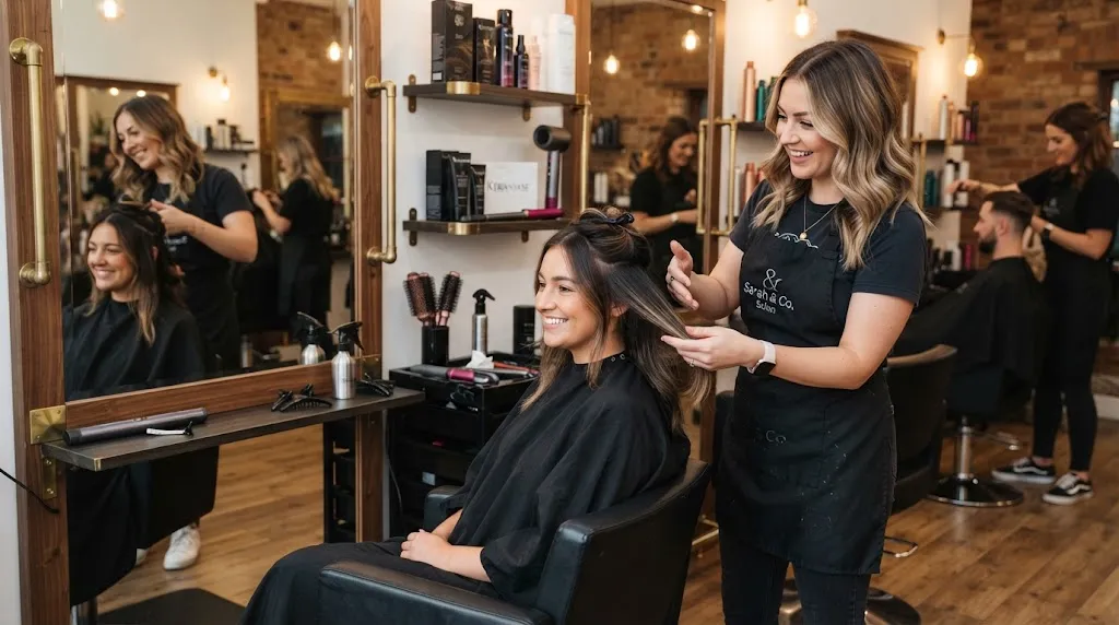 Hairstylist consulting with a client in a salon about long layers vs short layers length