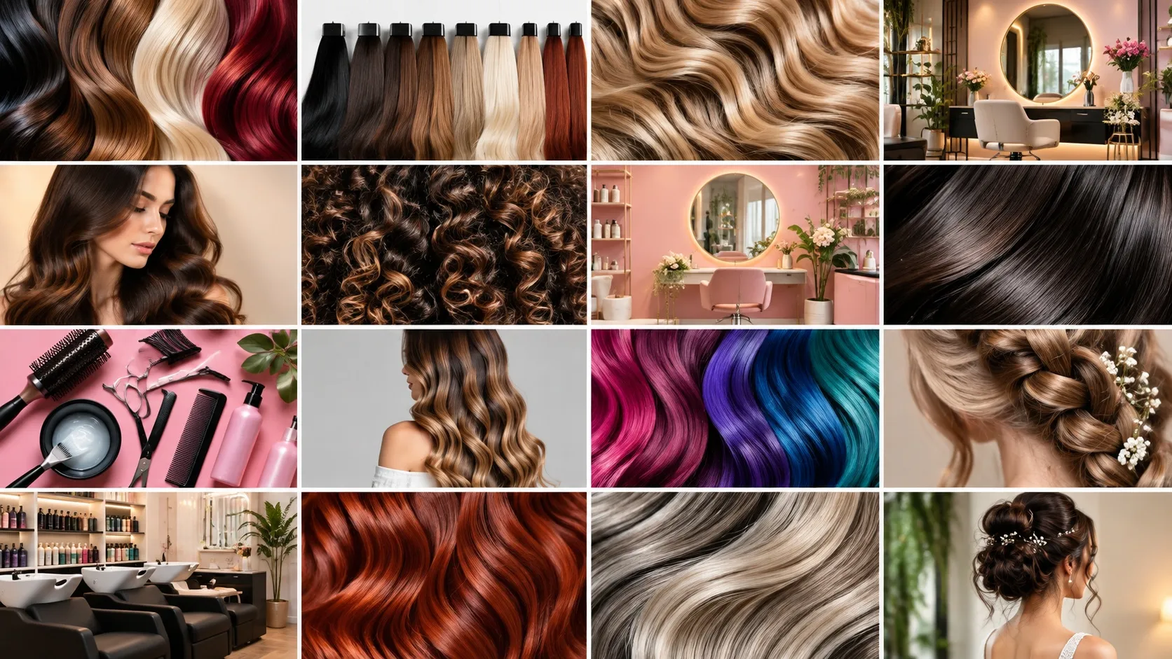 Vibrant professional hair color swatches and natural hair texture background displayed in a modern salon setting