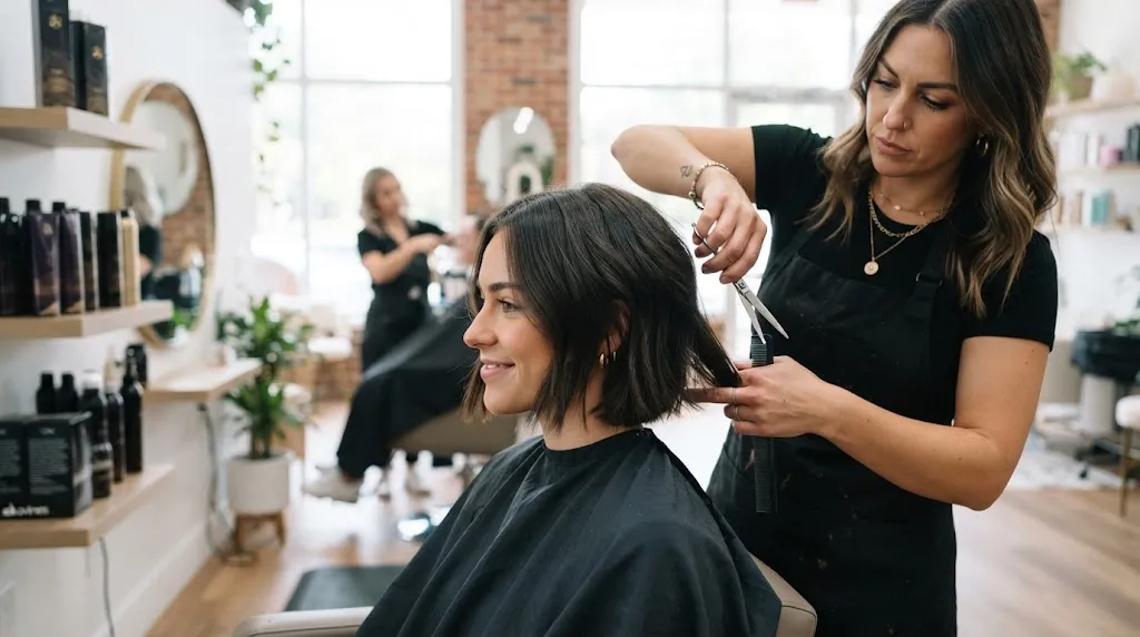 Professional hairstylist maintaining and styling a structured box cut bob in a modern salon to prevent it from losing its shape