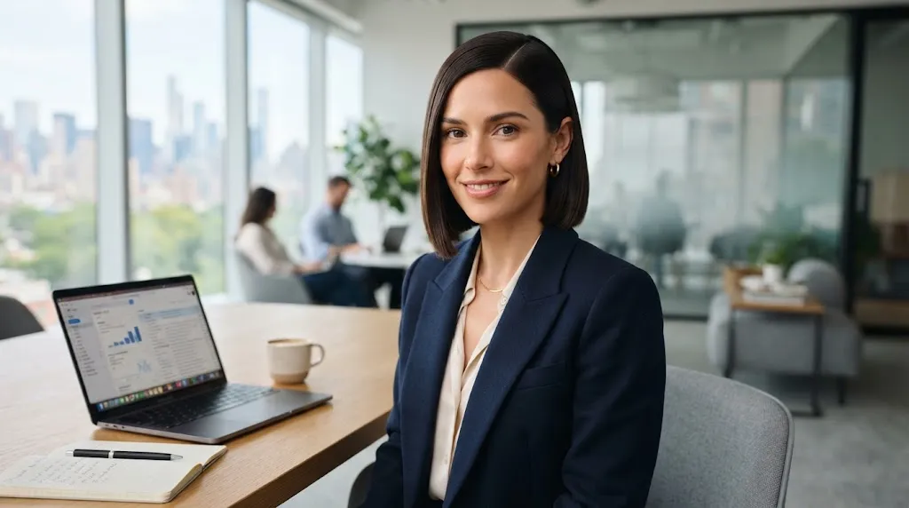 Sleek chin-length bob office hairstyle with a clean side part in a modern workspace