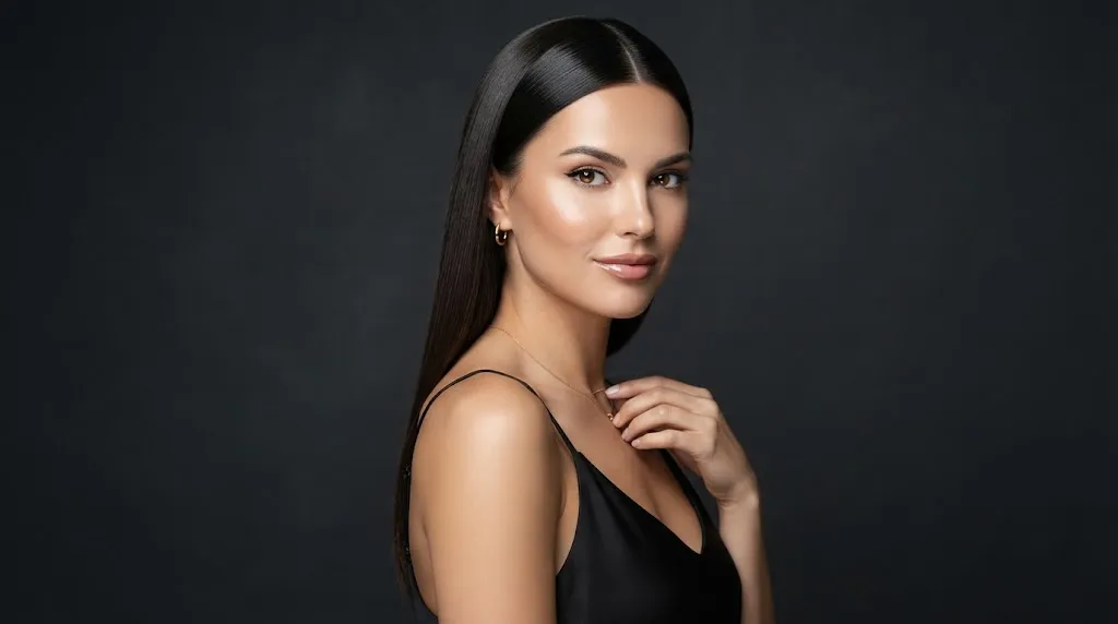 Professional female hair model displaying sleek hairstyles for straight hair with high gloss in a studio setting
