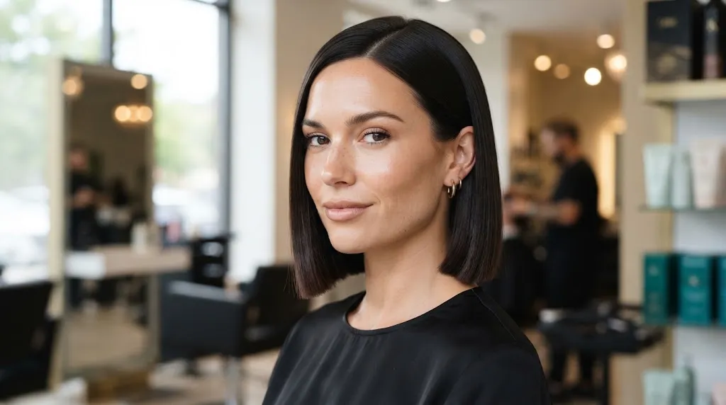 A model with sleek, straight hair featuring precision cutting around the jawline to create clean vertical lines and slim a round face shape.