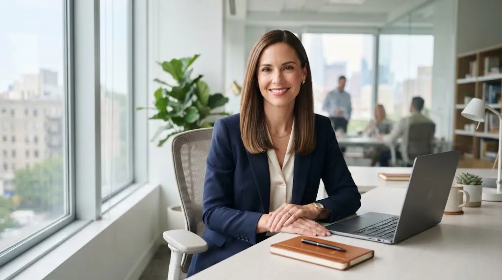 Professional woman with sleek, straight fine hair sitting at a modern office desk in natural window light.