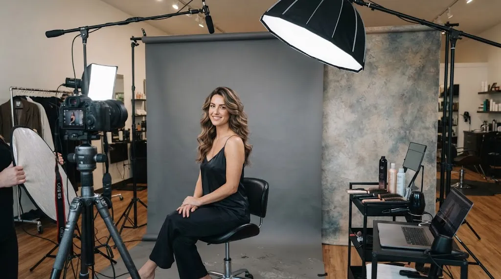 Professional photography studio setup with seamless backdrop and soft lighting for hair portraiture