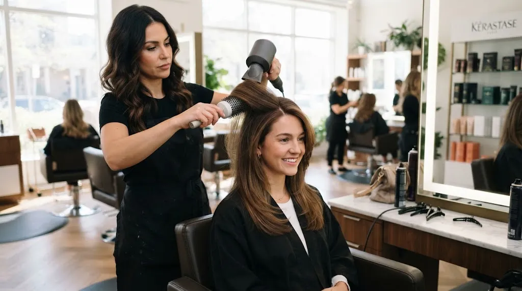A professional hairstylist demonstrating how to create crown height and a deep side part for a face-slimming haircut in a modern salon.
