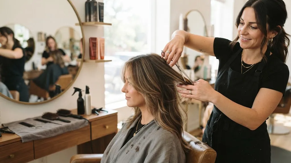 Professional hairstylist using precision point-cutting techniques for layered hair styling based on the 3:2:1 haircut rule