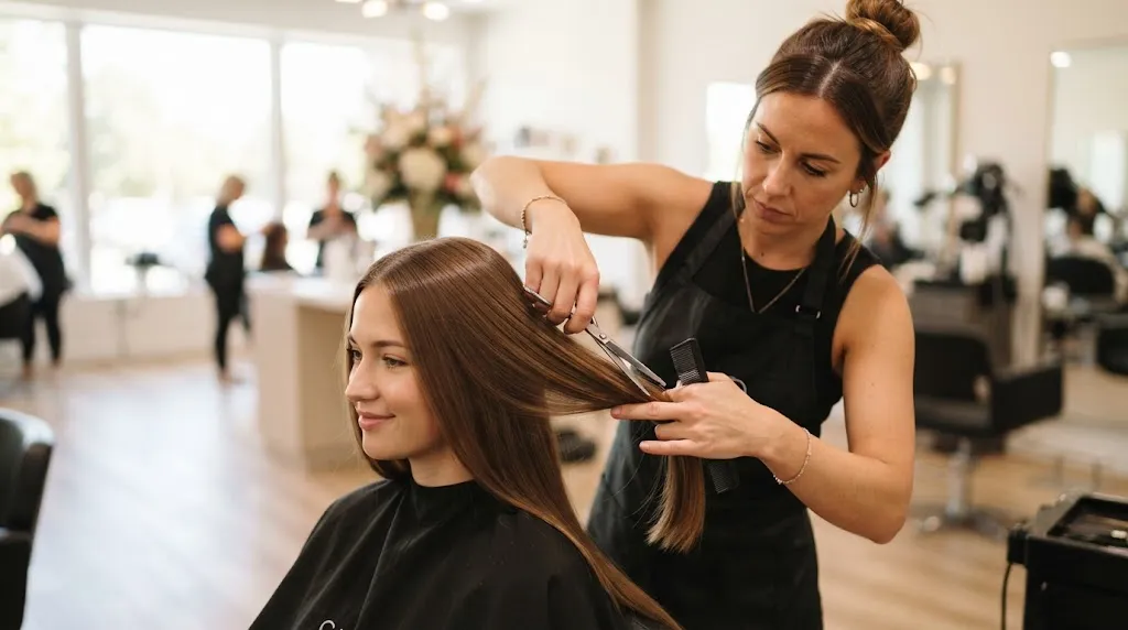 Professional hairstylist styling a client's long hair for a seamless traditional layer cut to add movement and natural flow.