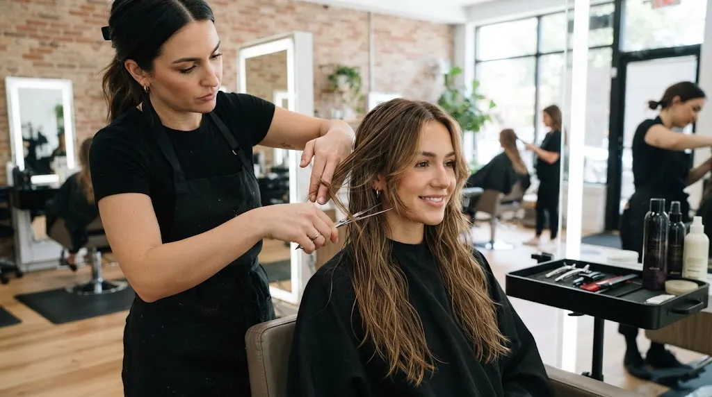 A professional hairstylist styling soft face-framing layers around the cheekbones and jawline for a woman with long hair