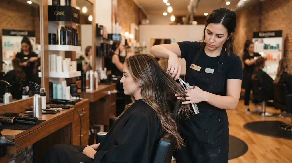 A professional hair stylist carefully sectioning and cutting long hair using the 3:2:1 haircut rule in a bright salon.