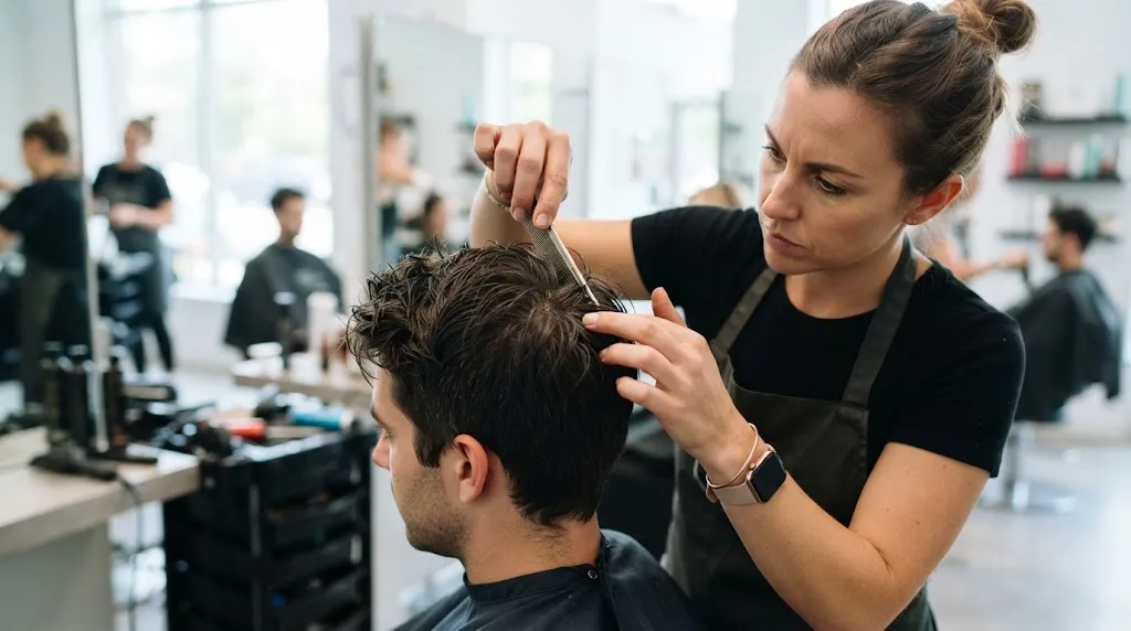 Professional hair stylist examining a stubborn cowlick at the crown of a man's hair in a modern salon