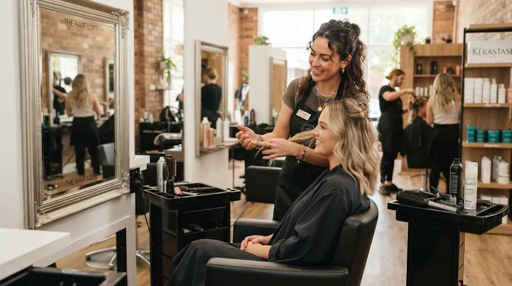 A hair stylist consulting with a client in a bright salon, showing the real texture and practical aspects of haircuts beyond photos