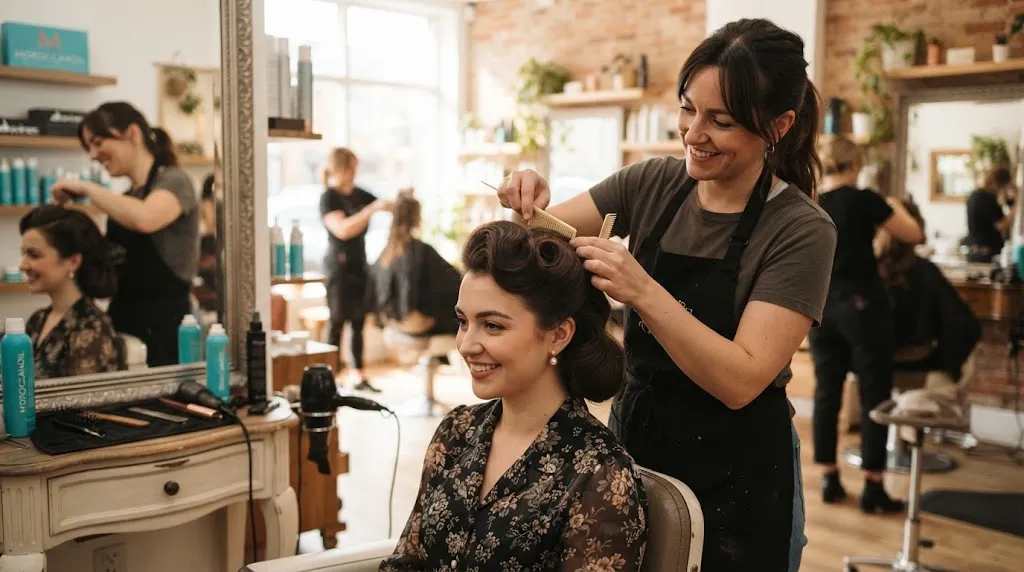 Professional hairstylist helping a client troubleshoot and fix retro vintage hairstyle styling challenges in a salon