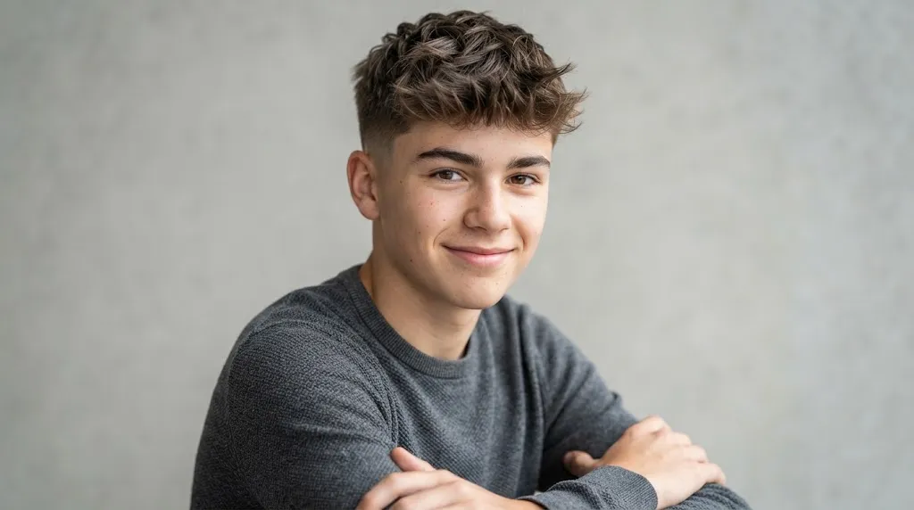 Teen male hair model showcasing a modern textured hairstyle in a professional studio setting