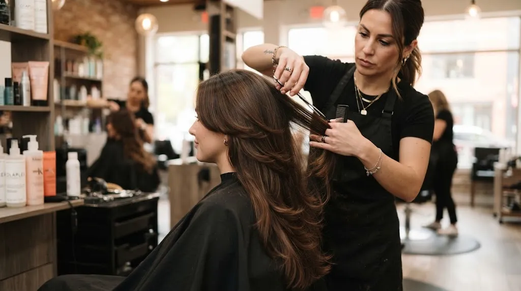 Professional hairstylist performing tiered and graduated cutting on a client with long hair in a salon