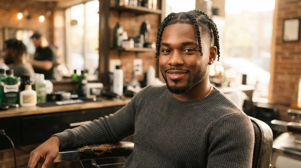 Young Black man showcasing neat two-strand twisties paired with a clean mid skin fade hairstyle.