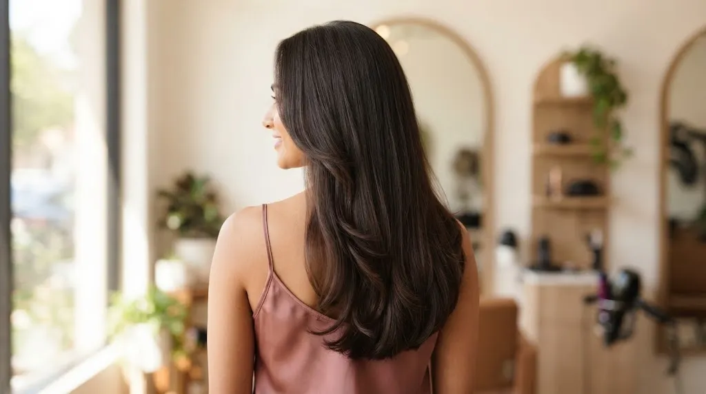Back view of a woman with long, dark brown hair styled in a precise U-cut, standing in a bright salon.