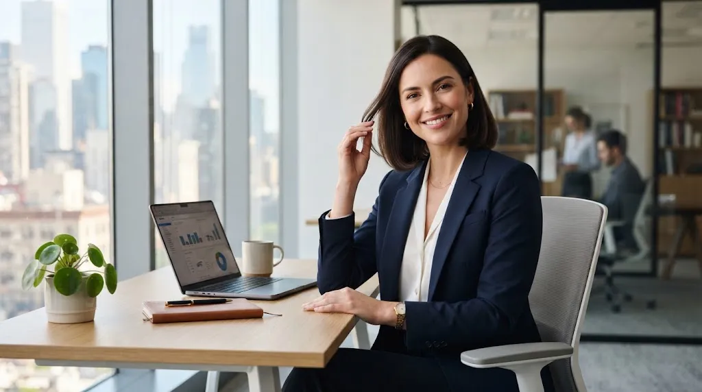 A professional woman in a sunlit office smoothing down hair flyaways for a neat silhouette and polished office hairstyle